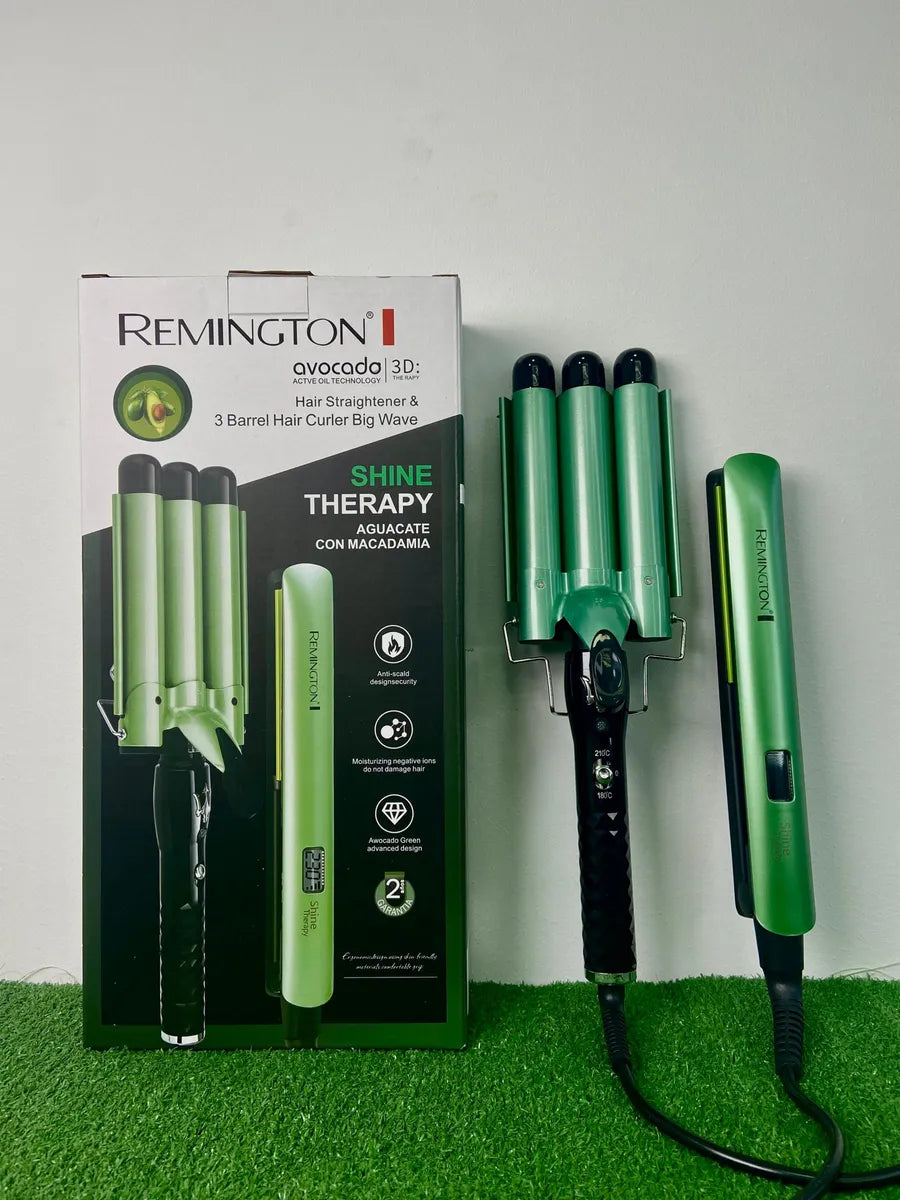 Combo Remington Plancha Alisadora & Rizadora de 3 Barriles SD08 – Shine Therapy con Aguacate y Macadamia