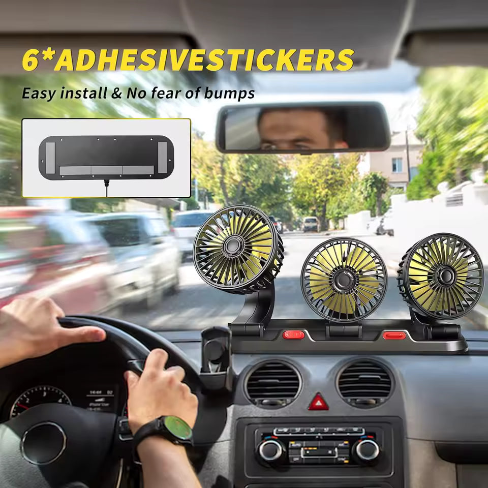 Ventilador de Coche 3 Cabezas con Montaje en Rejilla de Aire – USB 5V, 2 Velocidades y Giro 360°