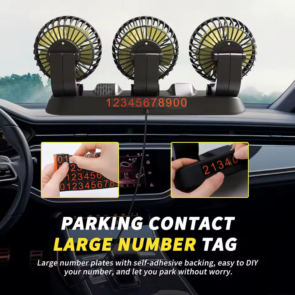 Ventilador de Coche 3 Cabezas con Montaje en Rejilla de Aire – USB 5V, 2 Velocidades y Giro 360°
