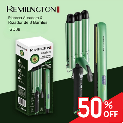 Combo Remington Plancha Alisadora & Rizadora de 3 Barriles SD08 – Shine Therapy con Aguacate y Macadamia