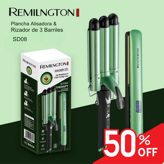 Combo Remington Plancha Alisadora & Rizadora de 3 Barriles SD08 – Shine Therapy con Aguacate y Macadamia