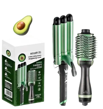 Combo Cepillo Secador Alisador + Rizadora 3 Tubos – Shine Therapy con Aguacate y Macadamia