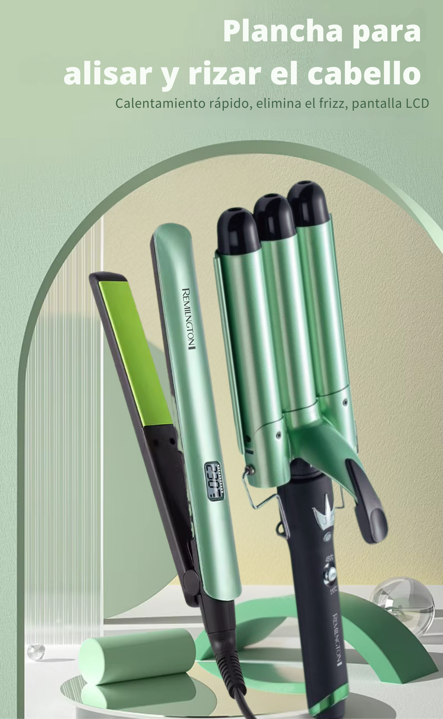 Combo Remington Plancha Alisadora & Rizadora de 3 Barriles SD08 – Shine Therapy con Aguacate y Macadamia