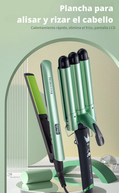 Combo Remington Plancha Alisadora & Rizadora de 3 Barriles SD08 – Shine Therapy con Aguacate y Macadamia