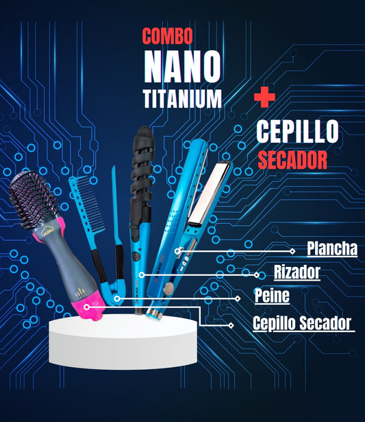 Combo Nano Titanium + Cepillo Secador Voluminizador NUBE One-Step – Plancha, Rizador y Cepillo 3 en 1