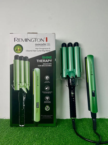Combo Remington Plancha Alisadora & Rizadora de 3 Barriles SD08 – Shine Therapy con Aguacate y Macadamia