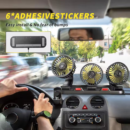 Ventilador de Coche 3 Cabezas con Montaje en Rejilla de Aire – USB 5V, 2 Velocidades y Giro 360°
