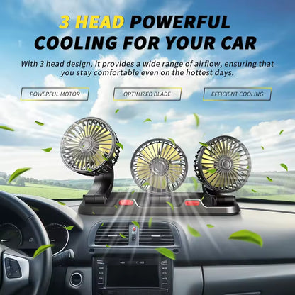 Ventilador de Coche 3 Cabezas con Montaje en Rejilla de Aire – USB 5V, 2 Velocidades y Giro 360°