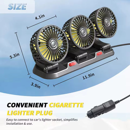 Ventilador de Coche 3 Cabezas con Montaje en Rejilla de Aire – USB 5V, 2 Velocidades y Giro 360°