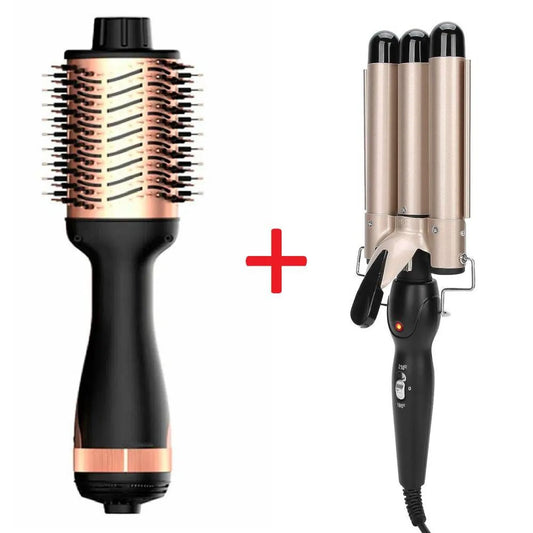 Combo Keratina Cepillo Secador Alisador 3 en 1 + Rizadora Ondas de Sirena (3 Barriles) – Tecnología Keratina Therapy &amp; Ionic Care